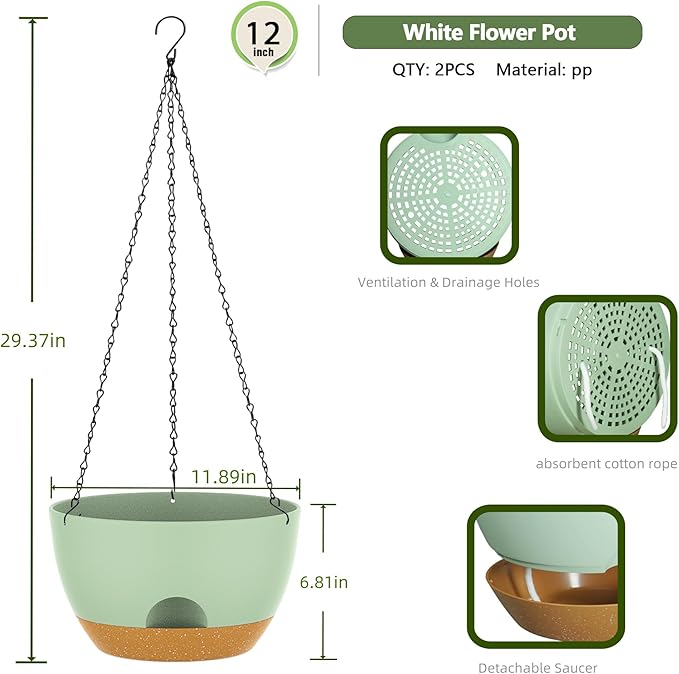 12 Inch Hanging Baskets 2 PC with Chains, Self-Watering Hanging Planters for Indoor Outdoor Plants, Plastic Hanging Flower Pots,Green Brown-Ruum Studio Home