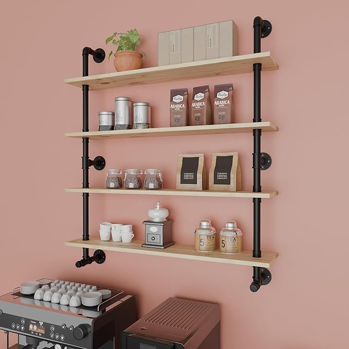 Industrial Pipe Wall Shelves Shelving with Real Wood Plank,48 Inches Floating Shelf for Wall Farmhouse Book Shelves Dark Brown 4 Tier for Kitchen,Living Room Decor and Bar Shelving-Ruum Studio Home