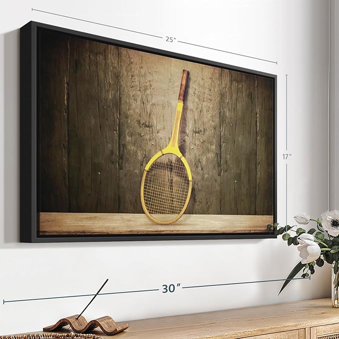 ElephantStock Vintage Tennis Racket Wall Art - Horizontal Framed Canvas - 1-Piece Living Room Wall Decor - Photography Sports Canvas Print - Brown and Black Decor for Wall - 25" X 17"-Ruum Studio Home