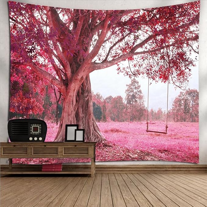 FENDROM Autumn Pink Flower Tapestry Window View Wall Hanging, Nature Forest Floral Trees Garden Scenic Tapestries for Living Room Home Office Dorm-Ruum Studio Home