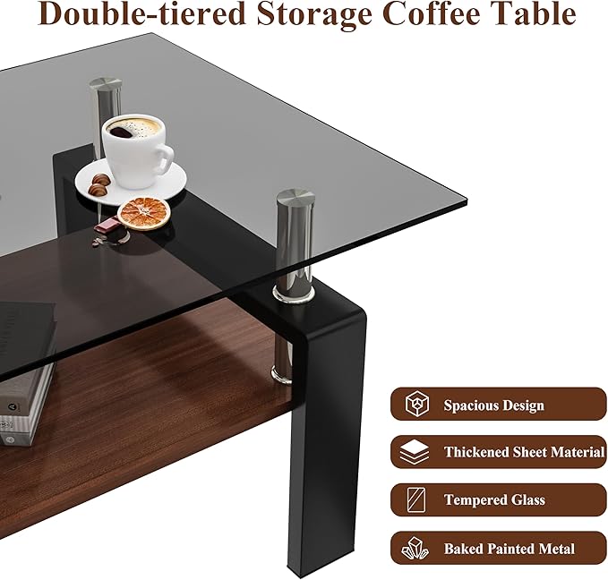 Glass Coffee Table Rectangle Living Room Center Table, with Gray Tempered Glass Tabletop and Brown MDF Layer,for Living Room and Office, Gray+Brown-Ruum Studio Home