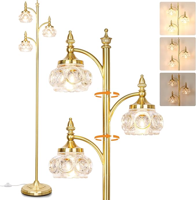 Gold Floor Lamp, Dimmable Tree Floor Lamps for Living Room Brass Tall Standing Lamp with 3 Rotatable Lights Glass Shade 66.5'' Modern Corner Lamp for Bedroom Office(3LED Bulbs Included)-Ruum Studio Home