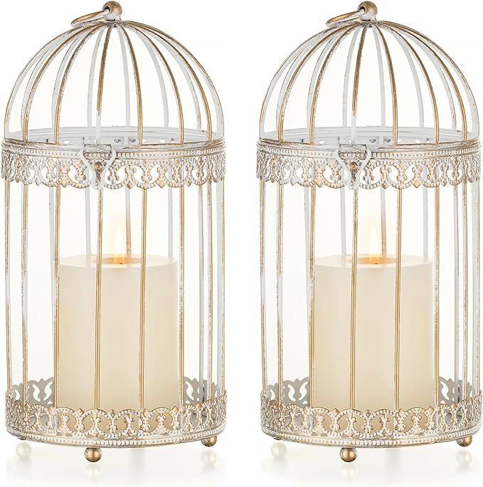 NUPTIO Decorative Bird Cage Lantern: 2 Set of 10 inch Tall Rustic White Birdcage Lanterns Centerpiece Vintage Decorating Metal Pillar Candle Holder for Christmas Bridal Shower Party Decor-Ruum Studio Home