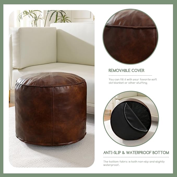 HIGOGOGO Round Stuffed Pouf Ottoman, Pu Leather Poufs with Foam Chunk Filling, Furry and Fluffy Pouf Foot Stool Storage Ottoman, 26 X 18 Floor Poufs Foot Rest for Living Room,Dark Brown-Ruum Studio Home