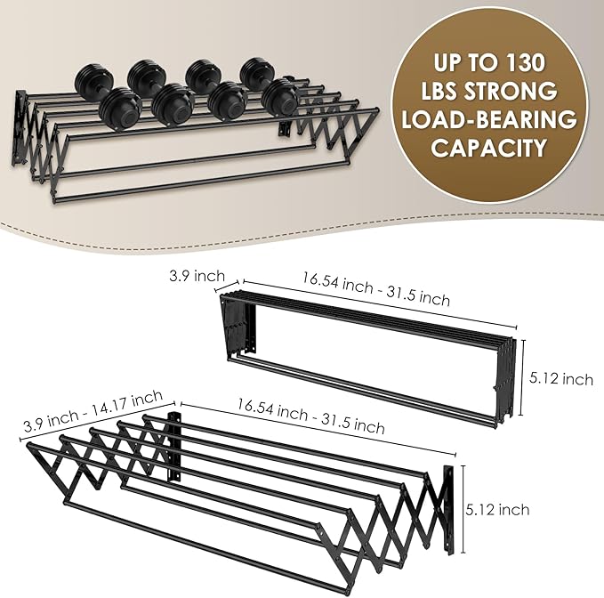 XL-31.5'' Wall Mounted Clothes Drying Rack, 130 lbs Large Capacity Rustproof Retractable Collapsible Drying Rack Easy Install with 7 Drying Rods, Space Saving Towel Clothes Rack for Laundry-Black-Ruum Studio Home