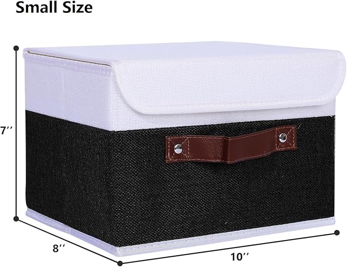 ANMINY 4PCS Storage Boxes with Lid Washable Decorative Storage Bins Basket with PU Leather Handle Foldable Linen Fabric Storage Cubes Containers for Home Closet Organizer - Black White, Small Size-Ruum Studio Home