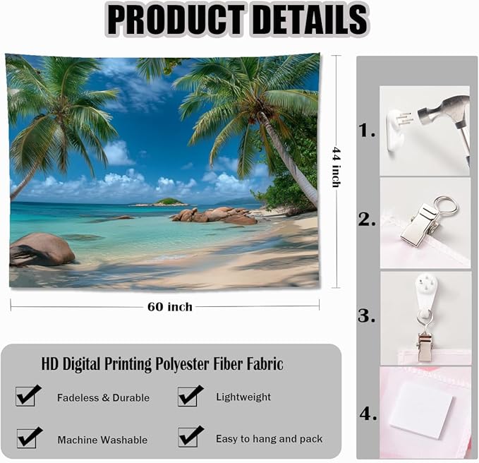 keowhsf Beach Summer Ocean Tapestry – Tropical Palm Trees Wall Hanging Decor with Blue Sky and Seaside Scenery, Nature Landscape Tapestry for Bedroom Living Room Dorm-Ruum Studio Home