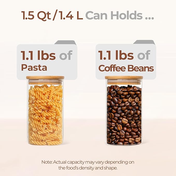 ComSaf Airtight Glass Storage Canister with Wood Lid(1.5 Qt), Set of 3 Glass Jars with Lids, Clear Food Storage Container Jar with Sealing Lids for Dry Food Cereal Oat Sugar Tea Coffee Beans, Round-Ruum Studio Home