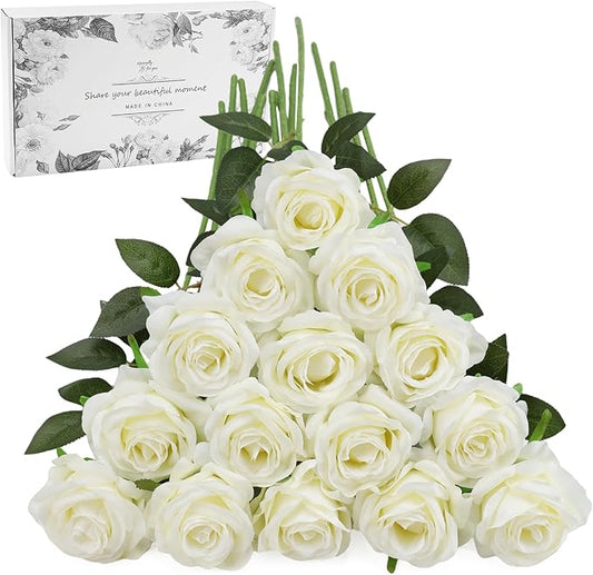 White Fake Roses Artificial Flowers - 16 Pcs Fake Artificial Roses Silk Flowers with Stems for Home Wedding Hotel Office Centerpiece Decor-Ruum Studio Home