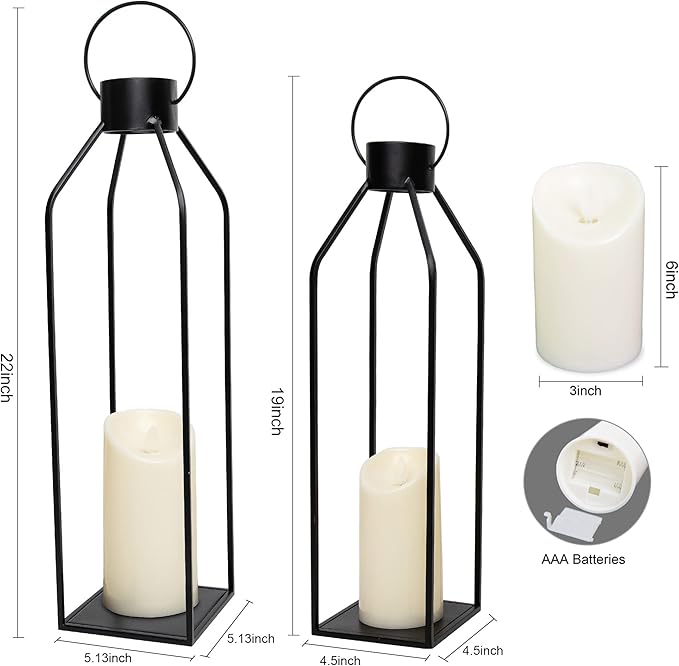 HPC Decor 22'' 19'' Lanterns Decorative w/ Flickering Timer Candles- Large Tall Black Metal Candle Lanterns Set of 2- Modern Farmhouse Decor for Indoor,Outdoor,Tabletop,Porch (No Glass)-Ruum Studio Home