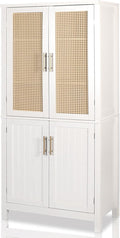 MISHAO 71" Kitchen Pantry Storage Cabinet, Tall Storage Cabinet with Rattan Doors & Adjustable Shelves, Freestanding Cupboard Wood Pantry for Kitchen, Living Room, Dining Room Hallway, White-Ruum Studio Home