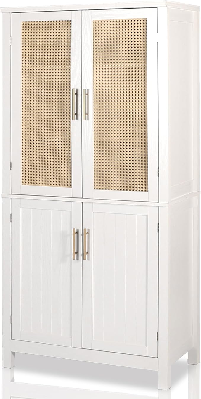 MISHAO 71" Kitchen Pantry Storage Cabinet, Tall Storage Cabinet with Rattan Doors & Adjustable Shelves, Freestanding Cupboard Wood Pantry for Kitchen, Living Room, Dining Room Hallway, White-Ruum Studio Home