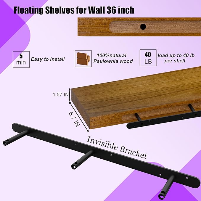 IAE Walnut Floating Wall Shelves 36 inch, Bathroom Shelves Wall Mounted,Invisible Shelves Floating Kitchen Shelves,Wooden Wall Shelves with Brackets for Living Room Wall Mounted,Easy Install,Set of 2-Ruum Studio Home