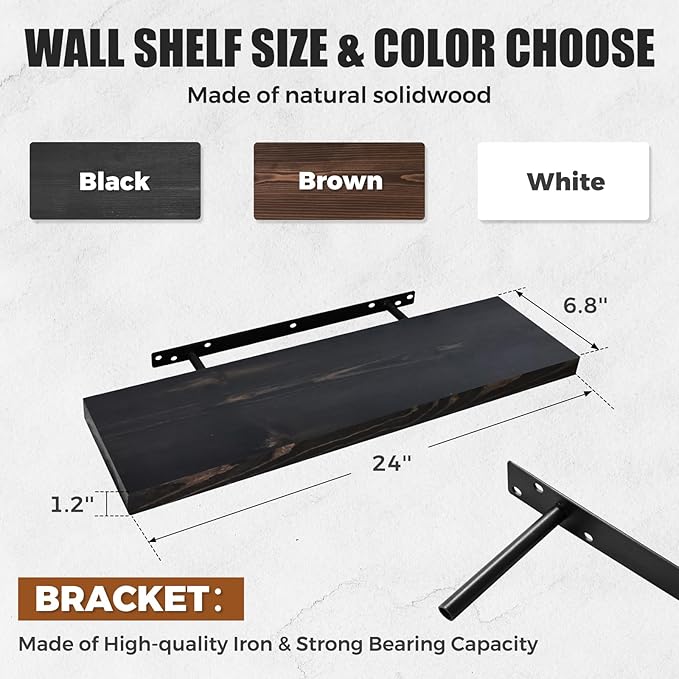 24"x6.8"x1.2" Solid Wood Floating Shelves 2-Pack - Rustic Black Finish with Hidden Brackets, Perfect for Storage and Décor in Living Room, Kitchen, Bedroom-Ruum Studio Home