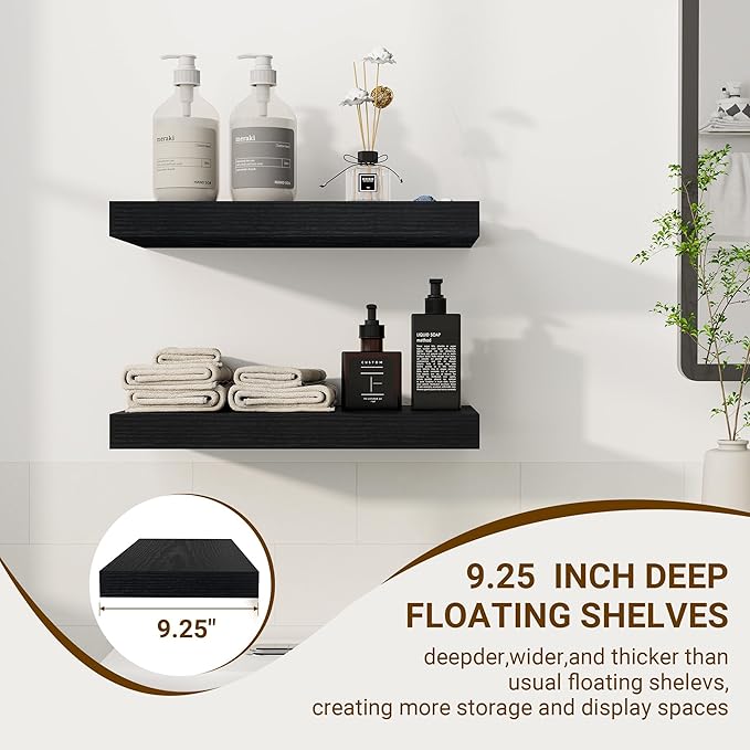 16 Inch Floating Shelves, 16"x9.25"x1.5" Inch Deep Floating Shelves for Wall, Wooden Shelves for Bathroom, Bedroom, Living Room, Black-Ruum Studio Home