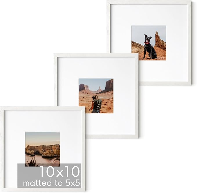 HAUS AND HUES Solid Oak Wood 10”x10” Picture Frames Matted to 5”x5” Set of 3-10x10 Square Picture Frames, 10 x 10 White Picture Frames, 10x10 Photo Gallery Wall Frame Set, Wooden Picture Frames-Ruum Studio Home