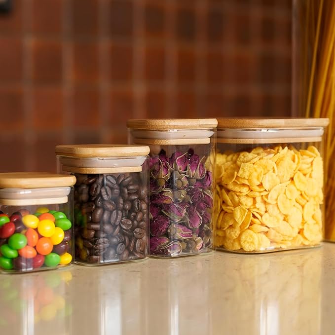Glass Food Storage Jars Square 6oz, 16 Pack Glass Jars With Bamboo Lids, Kitchen Storage Containers For Spice, Candy, Cookie, Storage For Pantry Organizers-Ruum Studio Home