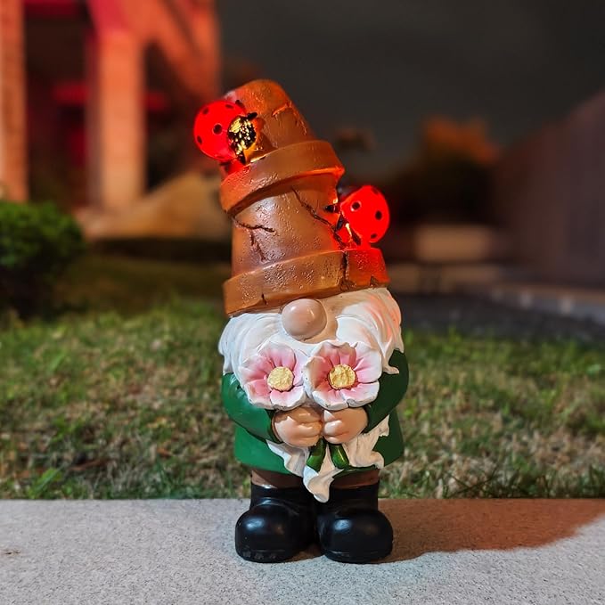 COWOS Garden Gnome Statues Outdoor Decor, Solar Gnomes with LED Lighted Flowers, Solar Resin Outdoor Statue Sculpture, for Woman Gift Home and Garden Decor-Ruum Studio Home