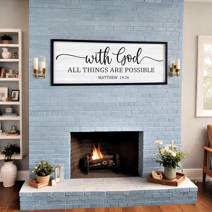With God All Things are Possible Framed Wall Art, 40''×15'' Black Positive Religious Rustic Bible Verse for Christian God Jesus Christ Prayer, Holy Horizontal Inspirational Catholic Scripture Decor-Ruum Studio Home