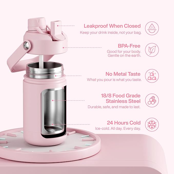 Kids Insualated Water Bottle with Straw - 12oz Stainless Steel Water Bottle with Dual Spouts, Leak-Proof, BPA-Free, Double Wall Vacuum Keeps Cold for 24 Hours for Sports, Travel, School (Cotton Candy)-Ruum Studio Home