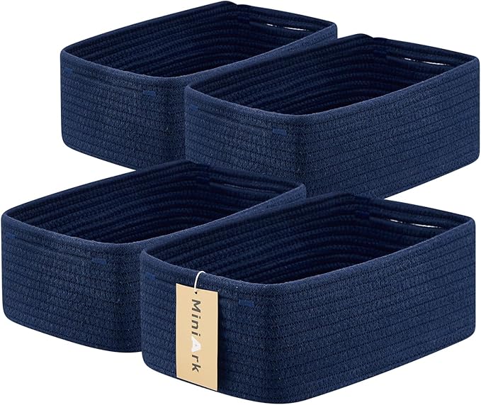 Small Storage Baskets for Organizing | Closet Organizer Bins | Shelf Toy Basket | Woven Rope Baskets | Cube Decorative Box | Shallow Basket | 13x8.5x5.1” | 4 Packs Navy Blue-Ruum Studio Home