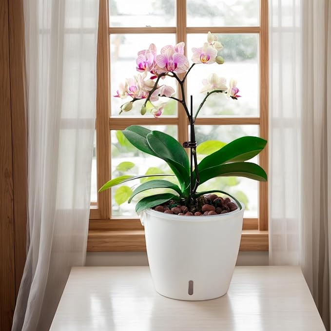 Self-Watering Pots for Indoor Plants, 8-Pack Self Watering Planter with Drainage Holes, Small African Violet Pots with Water Indicator, 5 Packs 5''/3 Pack 6.7'' Orchid Pot, White-Ruum Studio Home