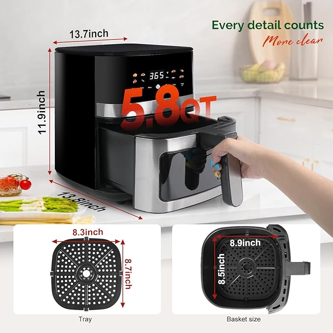 5.8QT Digital Air Fryer with Viewable Window, Adjust Temp & Timer, Air Frying, Reheat, Easy for Frozen Food, Snacks, Dinner, Large Square Basket than Round, Portable for Family & Apartment-Ruum Studio Home