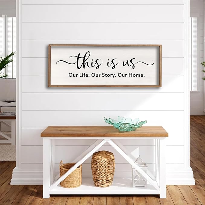 This is us Wall Decor Sign 32'' x 12'' Large Master Bedroom Home Life Story Wood Framed Vintage Family Sign Rustic Plaque Living Room Minimalist Farmhouse Hanging Wall Art (Wood)-Ruum Studio Home