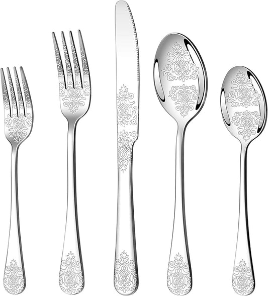 40 Pcs Silverware Set for 8 with Classical Flower Embossed Design, Food Grade Stainless Steel Flatware Set, Eating Utensils Sets Include Fork/Knife/Spoon, Reusable Cutlery Set, Dishwasher Safe-Ruum Studio Home