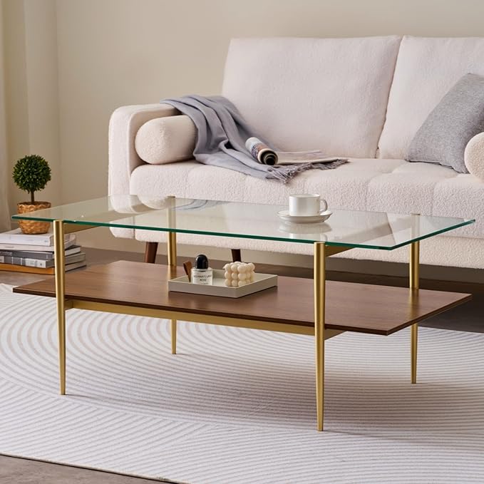 Rectangle Coffee Table, Mid-Century Modern Design, L41 W21 x H17, for Living Room, 2-Tier Structure, Clear Glass Top and Walnut MDF Shelf, Sleek Conical Metal Legs with Gold Finish-Ruum Studio Home