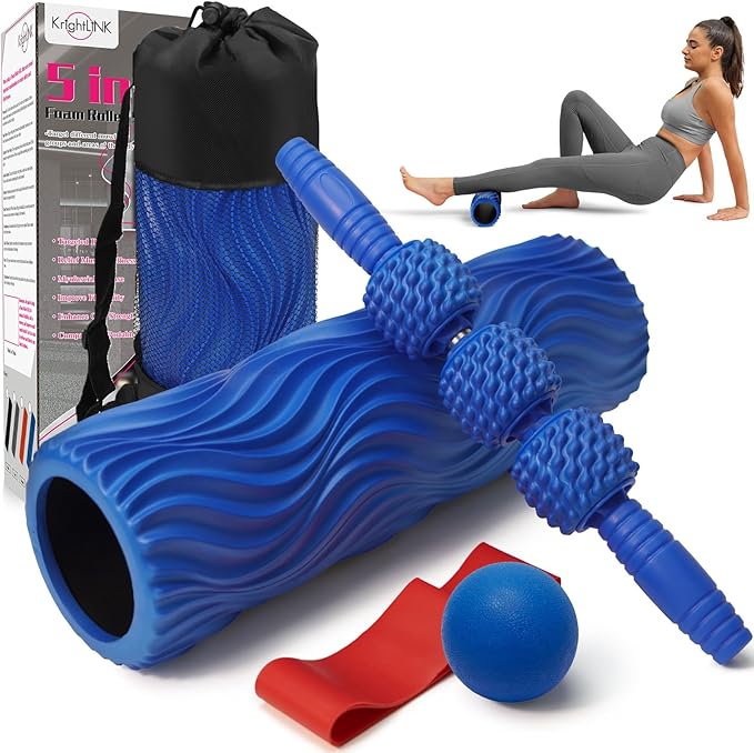 5-in-1 Foam Roller Set, Massage Roller Stick, Massage Ball, Resistance Band for Deep Muscle Massage, Trigger Point Release, Pilates, Yoga (Blue-Wave)-Ruum Studio Home