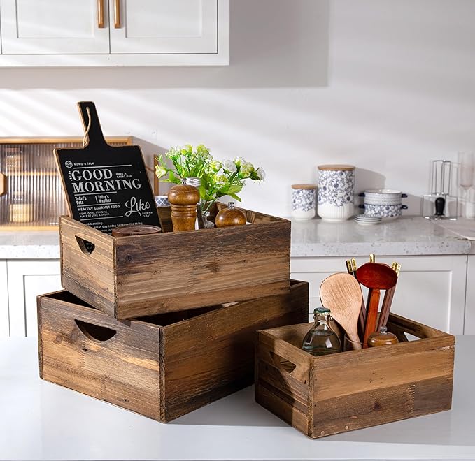 TIMRIS Set of 3 Rustic Distressed Wood Nesting Crates, Farmhouse Decorative Wooden Storage Boxes, Vintage Reclaimed Wood Baskets for Display (Natural)-Ruum Studio Home