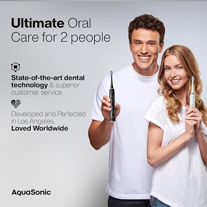 Aquasonic Duo PRO – Ultra Whitening 40,000 VPM Electric ToothBrushes – ADA Accepted - 5 Modes with Smart Timers - UV Sanitizing & Wireless Charging Base - 10 Proflex Brush Heads & 2 Travel Cases-Ruum Studio Home