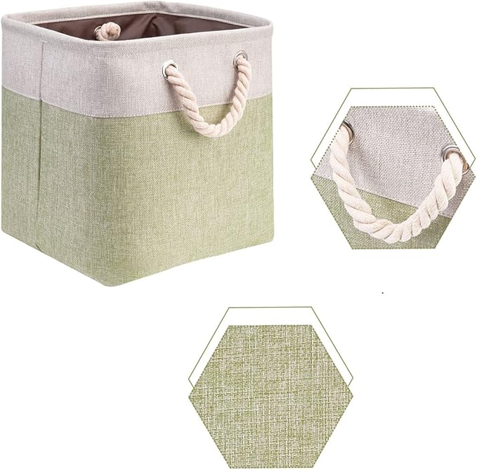i BKGOO 3Pack Large Foldable Storage Bins，Collapsible Sturdy Cationic Fabric Organizing Storage Basket Cube with Cotton Handles for Home Office Shelf Clothes Toys Beige-Green 13×13×13 inch-Ruum Studio Home