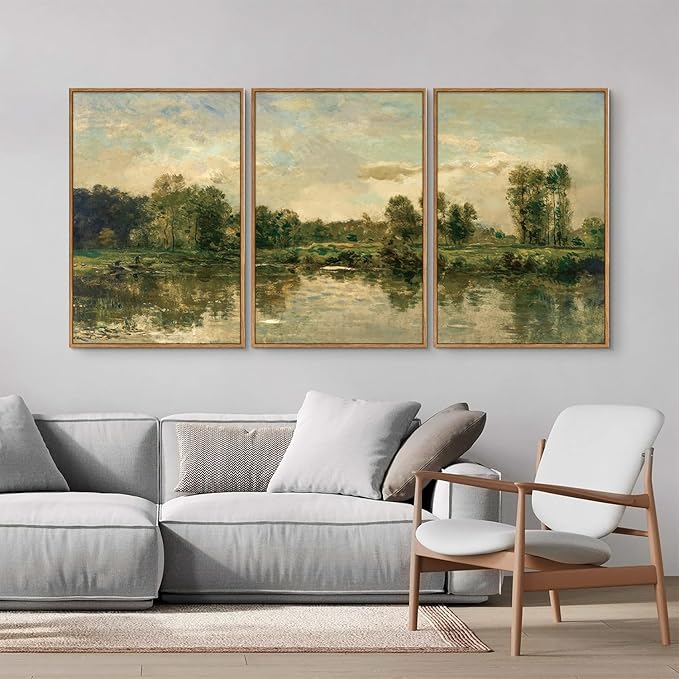 Tinonedraw Vintage Landscape Framed Canvas Wall Art Set of 3, French Country Art Prints, Nature Green Trees and Lake Art Paintings, Rustic Aesthetic Wall Decor for Living Room Bedroom Office 16"x24"x3-Ruum Studio Home