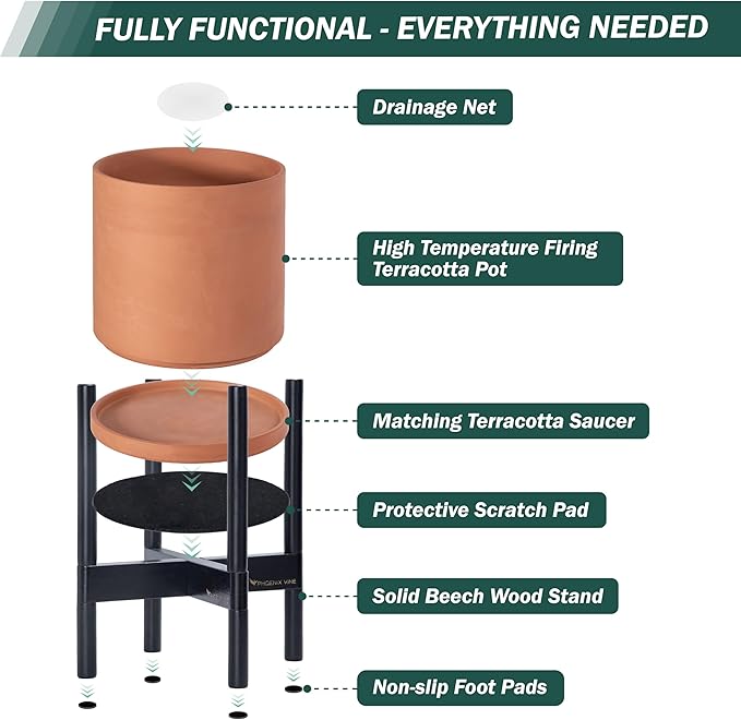 D'vine Dev Terracotta Planter with Ebony Stand - 12 Inch Modern Round Flower Pot with Wood Planter Holder, Terracotta, 55-B-H-5-Ruum Studio Home