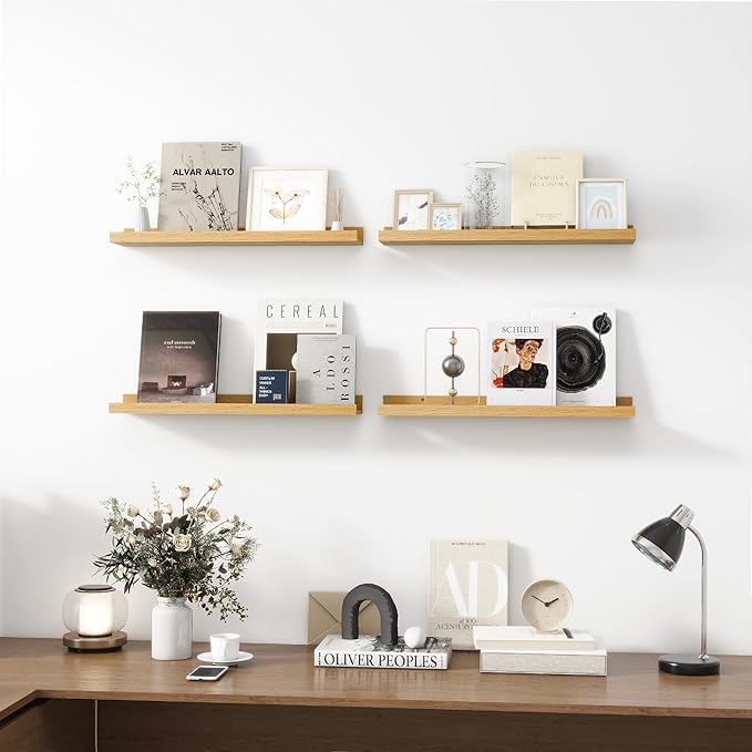 Picture Ledge Shelf, Wood Floating Shelves Set of 4, 24 inch Picture Ledge Shelves, Photo Ledge Nursery Book Shelves Wall Mounted for Living Room Kids' Room Bedroom, Color Oak-Ruum Studio Home