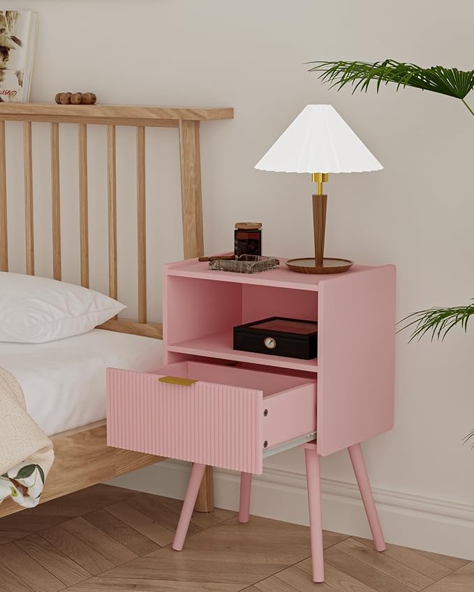 Nightstand,Modern Bedside Table with Storage Drawer and Open Wood Shelf, Accent Night Stand with Solid Wood Legs for Living Room, Bedroom and Small Spaces,Easy Assembly (Pink)-Ruum Studio Home