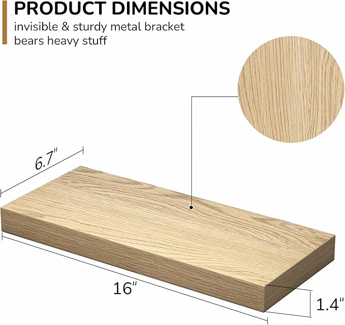 Fun Memories Floating Shelves - 16 Inch Wall Shelf for Decor & Storage - Wall Mounted Display Shelving with Invisible Heavy Duty Metal Bracket 2Pack, Oak-Ruum Studio Home