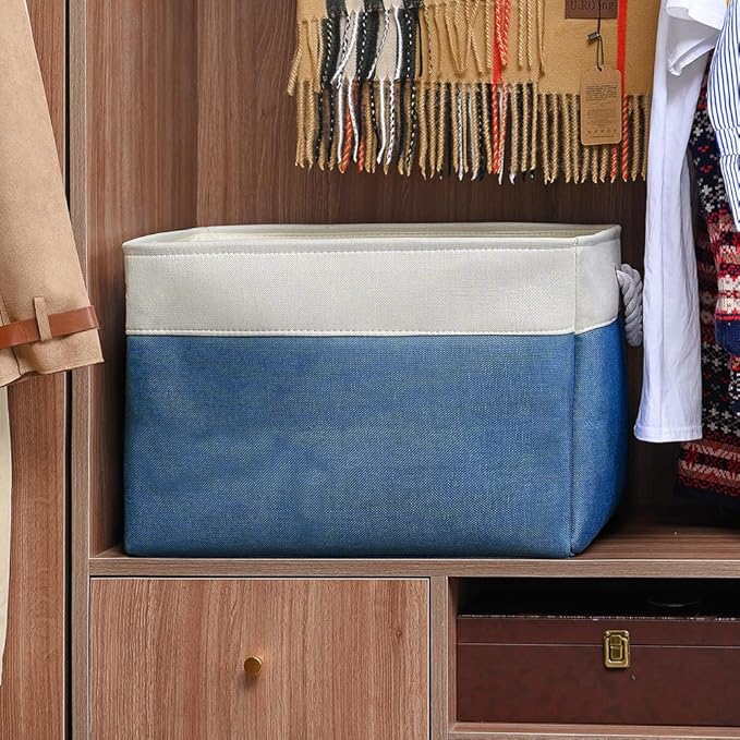 TheWarmHome Organization and Storage Basket for Shelves - Jumbo 3 Pack 20x16x14 inch Collapsible Storage Bins for Organizing, Canves Storage Cubes for Gift Organizer Toys Closet (White & Jean Blue)-Ruum Studio Home