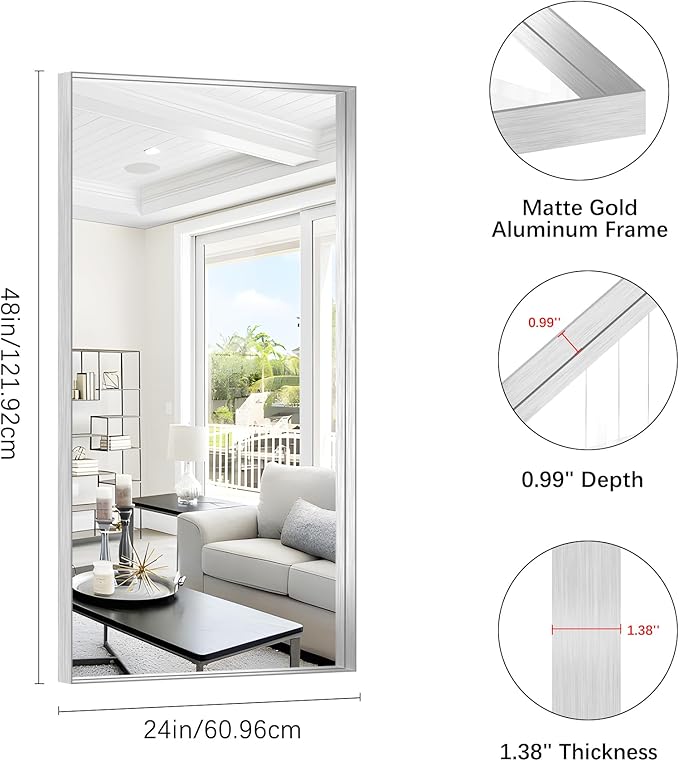 Silver Bathroom Mirror, 24x48 Inch Rectangular Framed Mirror, Large Wall Mounted Bathroom Vanity Mirror Over Sink for Bedroom,Restroom, Living Room, Hangs Vertically or Horizontally-Ruum Studio Home