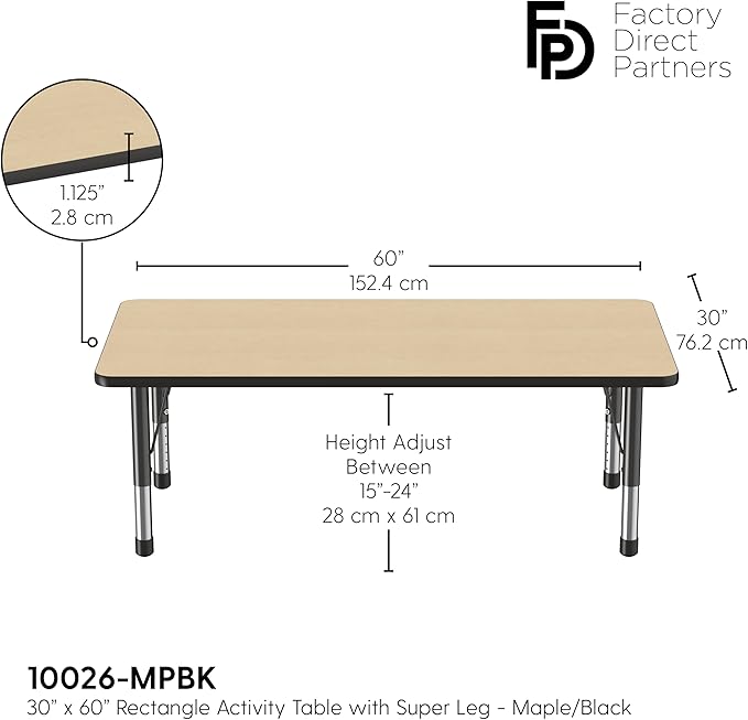 FDP Rectangle Activity School and Classroom Kids Table (30 x 60 inch), Toddler Legs, Adjustable Height 15-24 inches - Maple Top and Black Edge-Ruum Studio Home