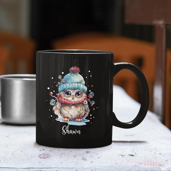 Winter Owl Design Coffee Mug - Custom Christmas Animal Black Cup, Personalized Name Themed 11oz 15oz Ceramic Cup for Owl Lovers, Xmas Decorative Gift-Ruum Studio Home