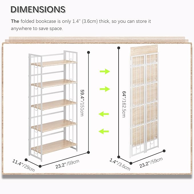 4NM No Assembly 5 Tiers Folding Bookshelf, 59.4" H Foldable Storage Shelves Vintage Bookcase Standing Racks Study Organizer Home Office - Natural White-Ruum Studio Home