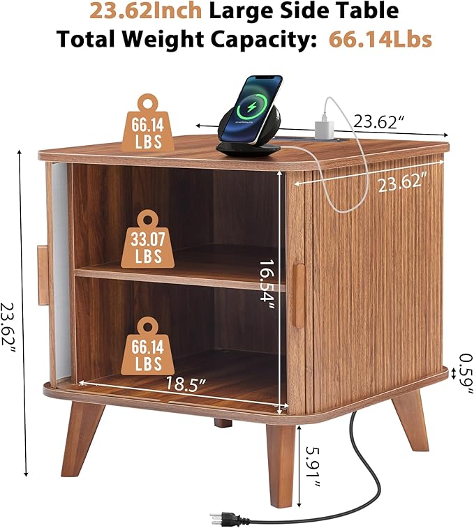 Farmhouse Square End Table with Charging Station, 24" Large Fluted Sofa Side Table with Sliding Tambour Door and Storage, Rustic Curved Wood Nightstand for Living Room, Bedroom, Walnut-Ruum Studio Home