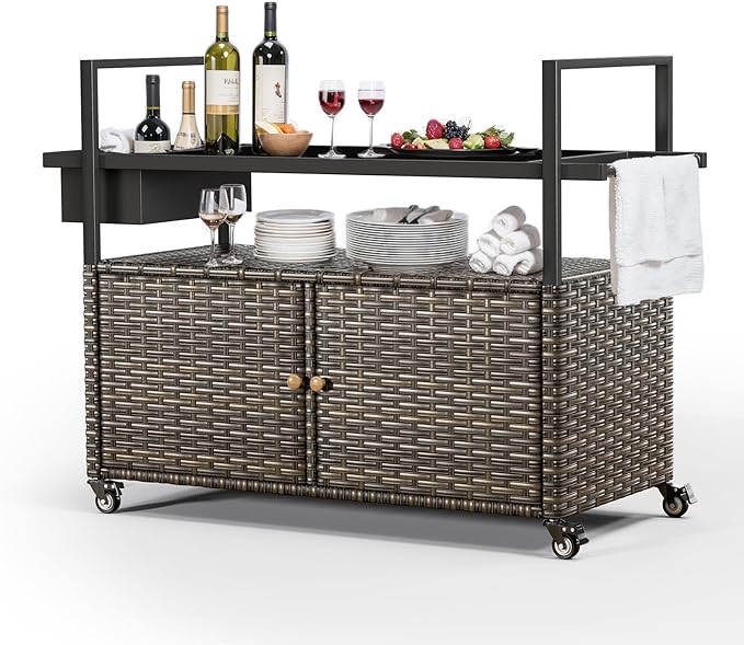 Outdoor Bar Cart with Storage Cabinet, Patio Bar Table with Tempered Glass Tabletop, Outdoor Serving Grill Cart with Rolling Wheels, Rattan Bar Cart for Patio, Backyard, Grey Wicker-Ruum Studio Home