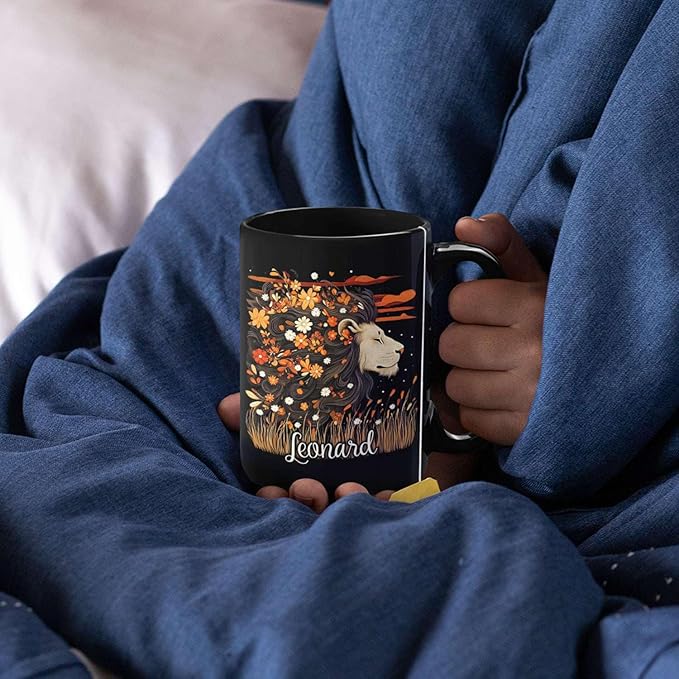 Personalized Lion Lover Cup with Vibrant Floral, Custom Name Coffee Mug 11oz or 15oz, Custom Nature Inspired Ceramic Cup, Artistic Lion Black Coffee Mug, Gifts for Women, Men-Ruum Studio Home