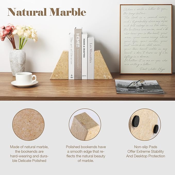 Marble Bookend for Heavy Books, Decorative Bookends for Shelves, Durable and Heavy-Duty Book End for Hardback Book & CDS, Unique Book Stopper & Holder, Pearlly Yellow, Set of 2-Ruum Studio Home
