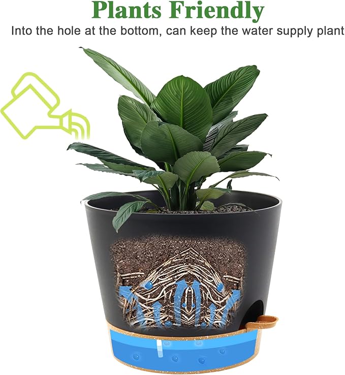 Self Watering Pots for Indoor Plants,12 inch Planters with Drainage Holes Plastic Flower Pots with Deep Reservoir, Black with Brown-Ruum Studio Home
