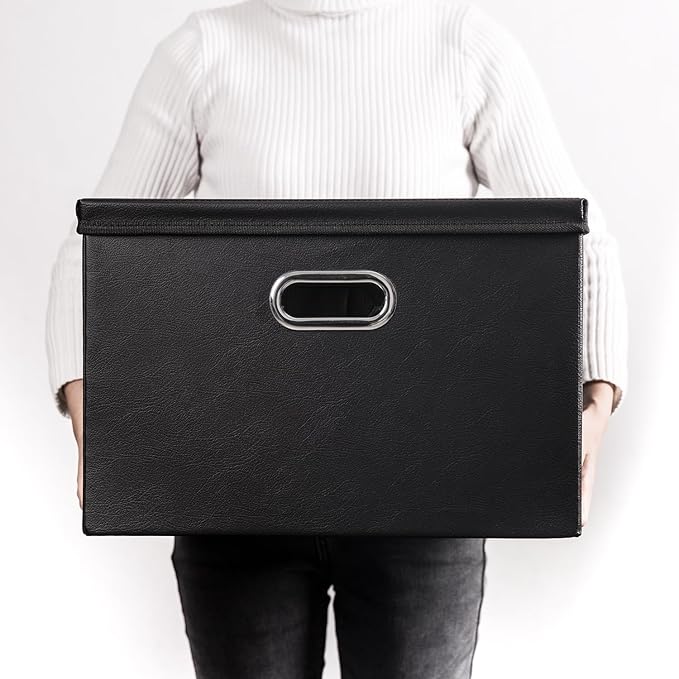 PRANDOM Large Stackable Storage Boxes with Lids [5-Pack] Leather Fabric Foldable Storage Bins Organizer Containers Baskets Cubes with Cover for Bedroom Closet Office Nursery Black(17.7x11.8x11.8)-Ruum Studio Home